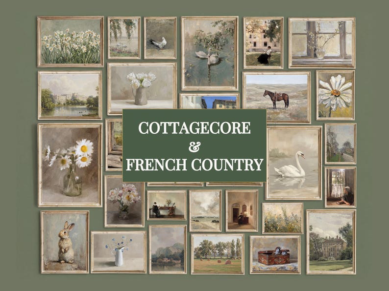 May include: A collection of framed vintage-style art prints in a cottagecore and French country aesthetic. The prints feature floral still lifes, landscapes, and animal portraits, with a muted color palette and antique wooden frames.