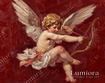 Samsung Frame TV Art Valentine's Day, Vintage Cupid with Bow and Arrow, Renaissance Angel Oil Painting, Romantic Red Background, 4K, image 4