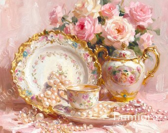 Romantic Tea Time Samsung Frame TV Art, Vintage Porcelain and Pearls Still Life, Soft Rose Bouquet Oil Painting, Shabby Chic Decor, 4K, image 4