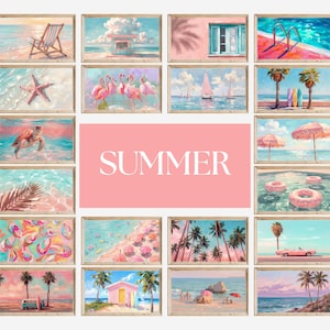 May include: A collection of framed art prints with a summer theme. The prints depict beach scenes, including a beach chair, flamingos, sailboats, and a turtle. The word "SUMMER" is displayed on a pink background.