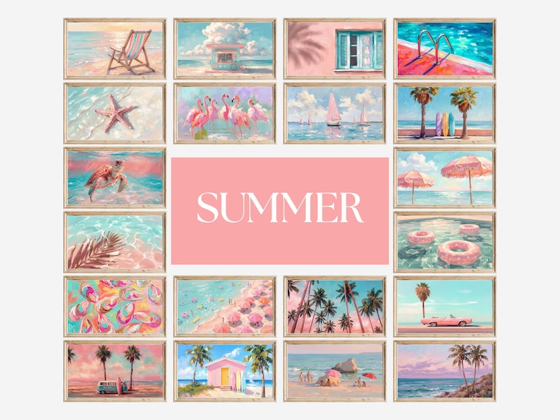 May include: A collection of framed art prints with a summer theme. The prints depict beach scenes, including a beach chair, flamingos, sailboats, and a turtle. The word "SUMMER" is displayed on a pink background.