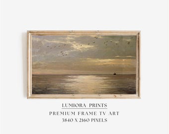 Birds Flying Over Ocean TV Art, Sacred Coastal Sunset Christian Oil Painting, Divine Horizon Samsung Frame TV Art, Spiritual Sea Landscape, image 1