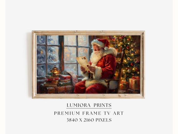 Samsung Frame TV Art Santa Reading Letter Painting • Vintage Christmas Wall Art 