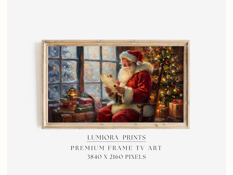 Samsung Frame TV Art Santa Reading Letter Painting • Vintage Christmas Wall Art