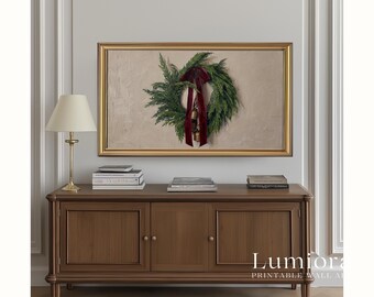 Christmas Wreath Wall Art for Samsung Frame TV – Neutral Christmas Frame Tv Art -Minimal Holiday Greenery with Red Ribbon & Bells, image 5