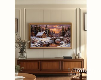 Samsung Frame TV Art Winter Cabin Landscape • Snowy Sunset Painting • Cozy Rustic Bridge Artwork, image 5