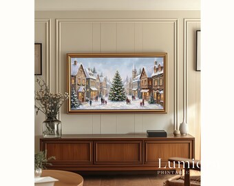 Samsung Frame TV Art Christmas | Vintage Winter Village Scene | Cozy Holiday Town Digital Painting | Snowy Christmas Tree | 4K TV Art, image 5