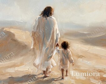 Jesus Walking with Child TV Art, Christ Leading Little One Christian Oil Painting, Divine Guidance Samsung Frame TV Art, image 7