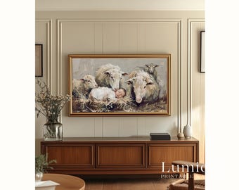 Baby Jesus with Sheep Samsung Frame TV Art, Nativity Scene Screen Decor, Christian Religious Oil Painting, Manger Faith Background, 4K, image 5