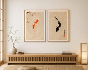 Koi Fish Print Set of 2, Yin Yang Wall Art, Japanese Poster, Japandi Decor, Zen Room Art, Feng Shui Poster, Asian Wall Decor, Vintage Koi, image 6