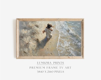 Footprints in the Sand Samsung Frame TV Art, Jesus Carrying Person on Beach Screen Decor, Christian Religious Oil Painting, 4K, image 1