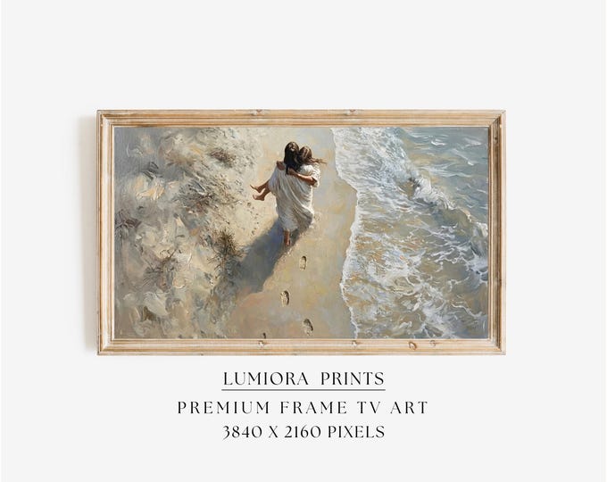 Footprints in the Sand Samsung Frame TV Art, Jesus Carrying…