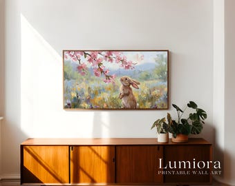 Easter Bunny Samsung Frame TV Art, Spring TV Decor, Rabbit Oil Painting, 4K Digital Download, Floral Wall Art, Aesthetic Holiday Screen Art, image 3