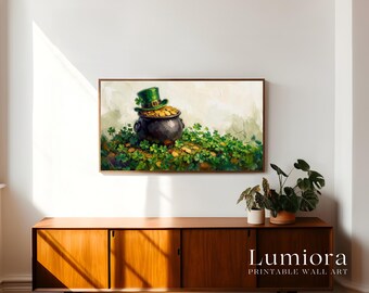 St. Patrick’s Day Samsung Frame TV Art, Pot of Gold TV Decor, Lucky Clover Screen Art, Green Aesthetic Frame TV, Irish Holiday Background, image 3
