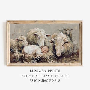 Peut inclure: Peinture encadrée représentant un bébé dormant dans du foin, entouré de moutons. L'œuvre d'art a une palette de couleurs neutres avec une esthétique vintage. Le texte "LUMIRA PRINTS" et "PREMIUM FRAME TV ART" sont visibles.