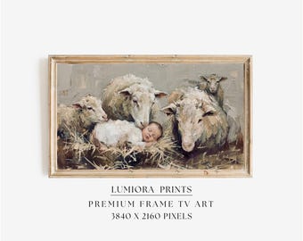 Baby Jesus with Sheep Samsung Frame TV Art, Nativity Scene Screen Decor, Christian Religious Oil Painting, Manger Faith Background, 4K, image 1