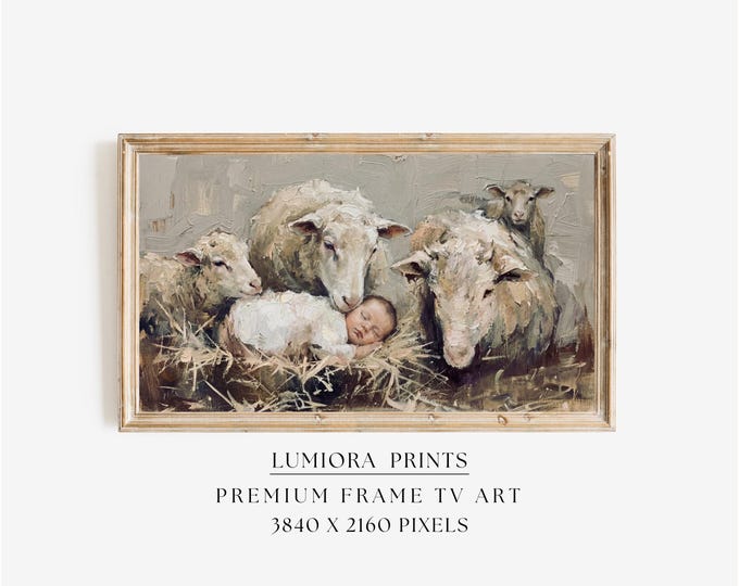 Baby Jesus with Sheep Samsung Frame TV Art, Nativity Scene…