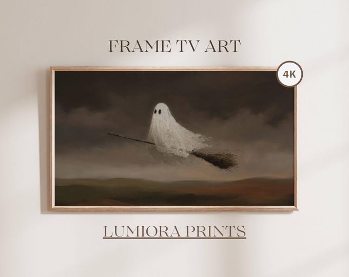 Halloween Frame TV Art, Ghost Flying on Broomstick, Moody…