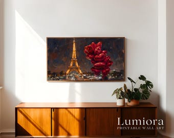 Samsung Frame TV Art Valentine's Day, Paris Eiffel Tower Night Oil Painting, Romantic Red Heart Balloons, 4K Digital Download Screensaver, image 3