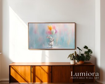 Easter Bunny with Heart Balloons Samsung Frame TV Art, Spring TV Decor, Cute Rabbit Oil Painting, 4K Digital Download, Nursery Screen Art, image 3