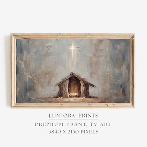 Peut inclure: Peinture à l'huile d'une étable rustique avec une étoile brillante au-dessus. L'œuvre est encadrée dans un cadre en bois clair. La peinture a une palette de couleurs sourdes de bleus, de bruns et de crèmes. Le texte en bas indique "LUMIRA PRINTS PREMIUM FRAME TV ART 3840 X 2160 PIXELS."