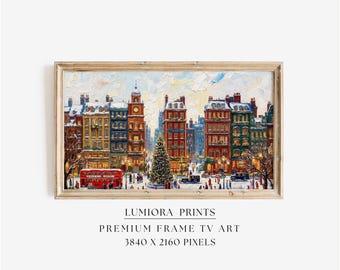 Samsung Frame TV Art Christmas City Scene • Festive European Town Winter Painting • Holiday Street With Christmas Tree • Cozy Christmas Art