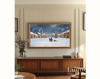 Samsung Frame TV Art Christmas – Vintage Winter Landscape, Snowy Village Wall Art, 4K Holiday Digital Painting, Cozy Christmas TV Decor, image 2