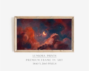 Samsung Frame TV Art Valentine's Day | Romantic Crescent Moon Night Sky | Moody Clouds Oil Painting | Celestial Dreamy Decor, 4K, image 1