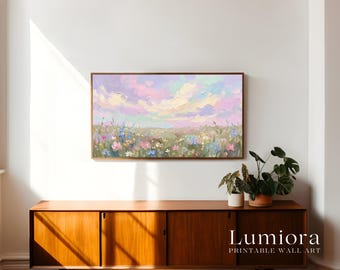 Spring Meadow Samsung Frame TV Art, Pastel Sky Wildflower Landscape Oil Painting, 4K Digital Download, Cottagecore Screen Art, Easter Decor, image 3