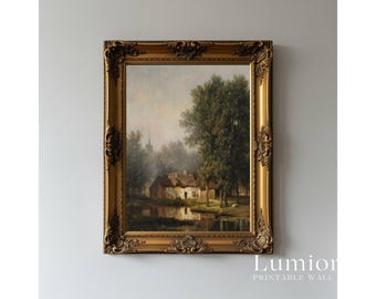 Vintage Cottage Print, Rustic Farmhouse Landscape, European Countryside Art, Antique Oil Painting, Cottagecore Decor, Moody Nature Poster, image 3