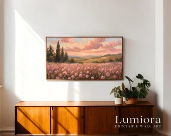 Pink Flower Field Samsung Frame TV Art, Sunset Landscape Oil Painting, Spring TV Decor, 4K Digital Download, Aesthetic Summer Screen Art, image 3