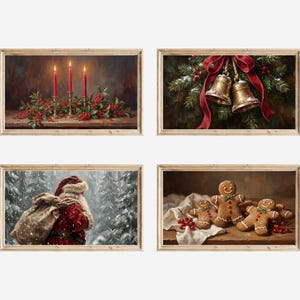 May include: Four framed Christmas-themed paintings. One features three lit red candles, holly, and a brass candle holder. Another shows two golden bells with a red bow and greenery. A third depicts Santa Claus in a snowy forest. The last shows gingerbread men.
