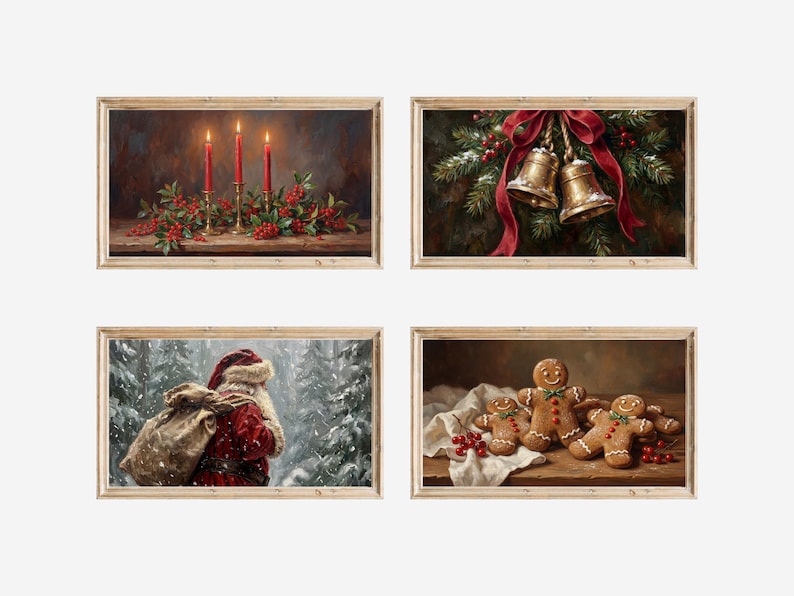 May include: Four framed Christmas-themed paintings. One features three lit red candles, holly, and a brass candle holder. Another shows two golden bells with a red bow and greenery. A third depicts Santa Claus in a snowy forest. The last shows gingerbread men.