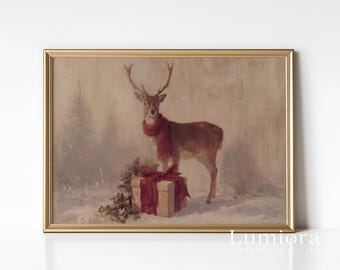 Vintage Christmas Deer Painting, Reindeer with Red Scarf Print, Winter Wall Art, Printable Holiday Decor, Antique Christmas Art Download, image 4