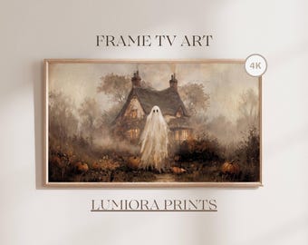 Halloween Frame TV Art, Ghost at Haunted Cottage, Vintage Fall Oil Painting, Pumpkin Patch Spooky Decor, Moody Halloween Digital Download, image 1