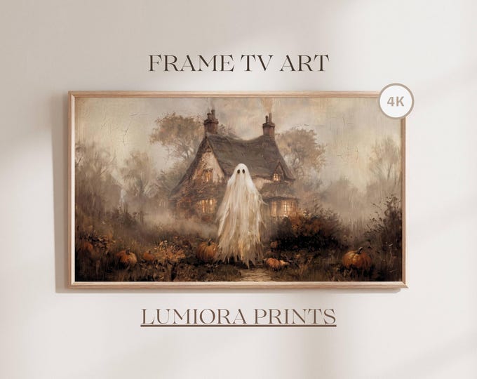 Halloween Frame TV Art, Ghost at Haunted Cottage, Vintage…