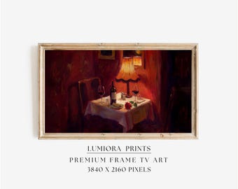 Romantic Candlelight Dinner Samsung Frame TV Art, Wine and Roses Still Life, Vintage Oil Painting, Valentine's Day Decor, Moody Cafe, 4K, image 1