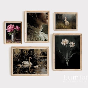 May include: A set of five framed vintage art prints. The prints depict a portrait, a rabbit in a field, pink peonies in a vase, a swan with cygnets, and white flowers. The frames are a light wood colour. The prints are from Lumiora Printable Wall Art.