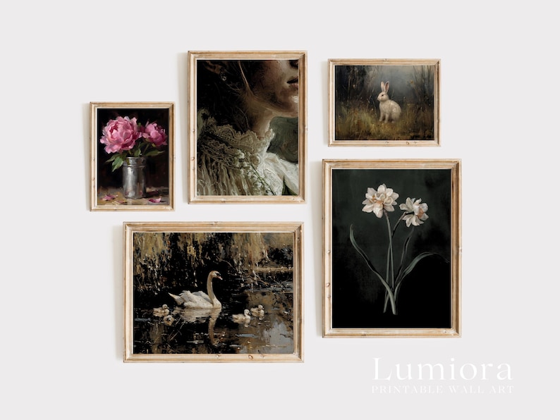 May include: A set of five framed vintage art prints. The prints depict a portrait, a rabbit in a field, pink peonies in a vase, a swan with cygnets, and white flowers. The frames are a light wood colour. The prints are from Lumiora Printable Wall Art.