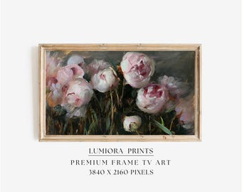 Romantic Pink Peonies Samsung Frame TV Art, Moody Floral Oil Painting, Gold Accent Botanical Decor, Textured Abstract Flower Field, 4K, image 1