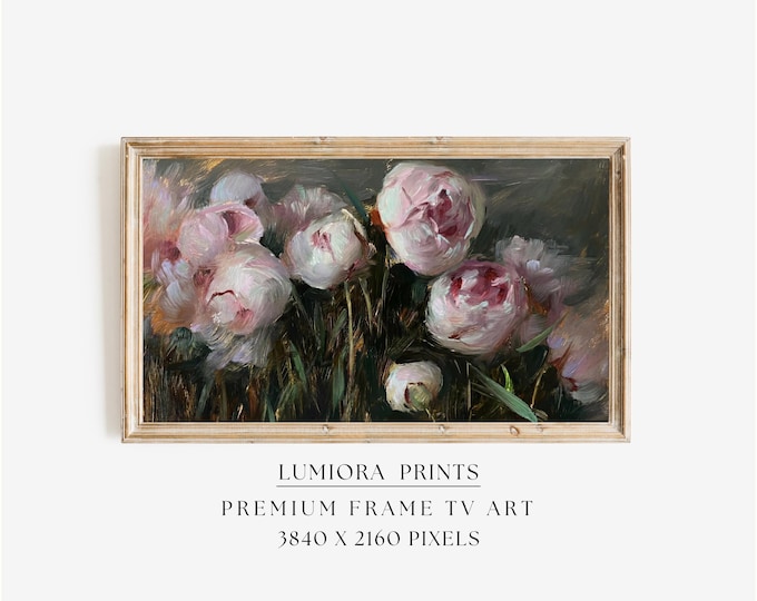 Romantic Pink Peonies Samsung Frame TV Art, Moody Floral…