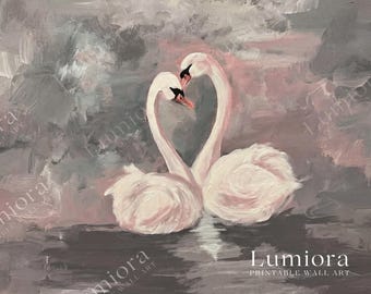 Romantic Swan Couple Samsung Frame TV Art, Abstract Love Heart Symbol, Impressionist Oil Painting, Neutral Grey and Pink Valentine's Decor, image 7