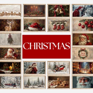 May include: A collection of framed Christmas-themed art prints. The images depict various holiday scenes, including Santa Claus, reindeer, snowy landscapes, and festive decorations. The word "CHRISTMAS" is displayed in large white letters on a red background.