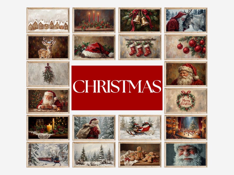 May include: A collection of framed Christmas-themed art prints. The images depict various holiday scenes, including Santa Claus, reindeer, snowy landscapes, and festive decorations. The word "CHRISTMAS" is displayed in large white letters on a red background.