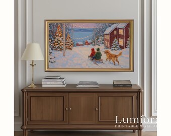 Winter Sledding Scene Samsung Frame TV Art • Cozy Christmas Village Wall Art • Snowy Holiday Painting • Vintage Winter Decor, image 5