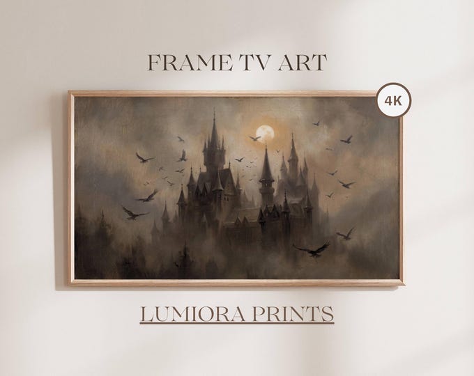 Gothic Castle Frame TV Art, Haunted Castle with Ravens and…