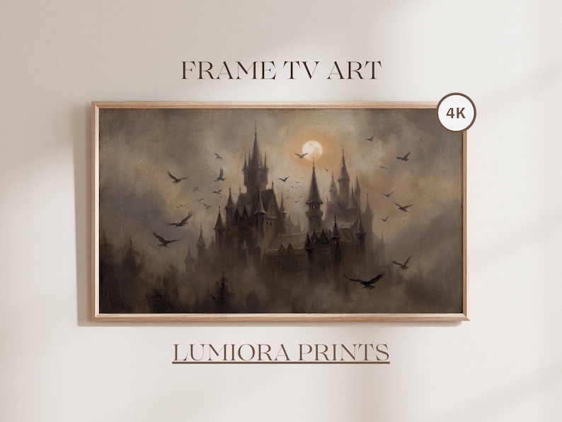 Gothic Castle Frame TV Art, Haunted Castle with Ravens and Full Moon, Dark Academia Halloween Painting, Vintage Moody Art Download for TV