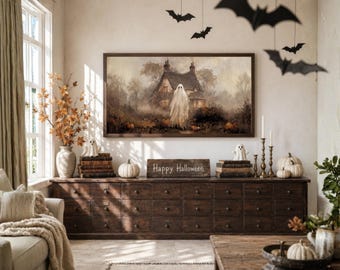 Halloween Frame TV Art, Ghost at Haunted Cottage, Vintage Fall Oil Painting, Pumpkin Patch Spooky Decor, Moody Halloween Digital Download, image 3