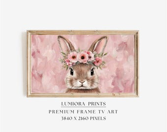 Easter Bunny Samsung Frame TV Art, Spring TV Decor, Nursery Rabbit Oil Painting, Flower Crown Rabbit Wall Decor, Pink Aesthetic Screen Art, image 1