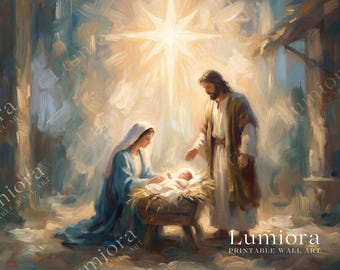 Nativity Scene Samsung Frame TV Art, The Birth of Jesus Christian Oil Painting, Holy Family Manger Wall Art, Star of Bethlehem Christmas Art, image 7